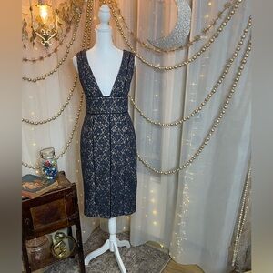 KEEPSAKE the Label Deep Blue Lace Sheath Dress Plunge Neckline